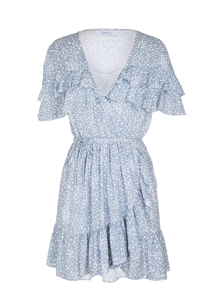 Edie Cascade Wrap Mini Dress Dusty Blue